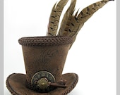 Steampunk Mini Top Hat -  brown with feathers, clock, key