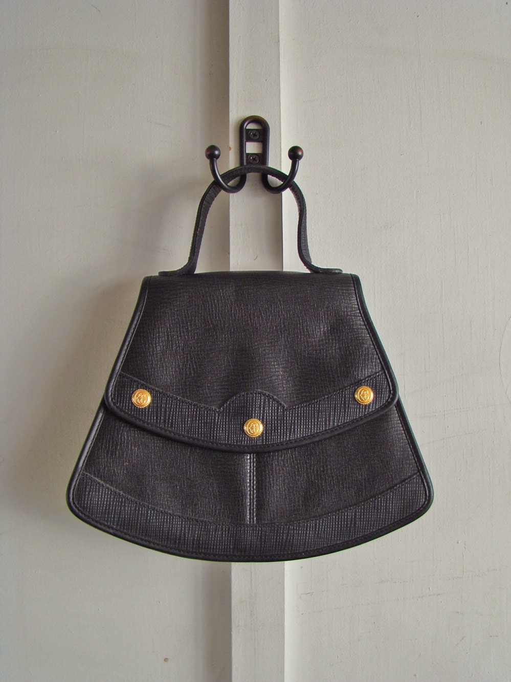 15% off SALE--vintage black leather Philippe Charriol wedge purse Paris