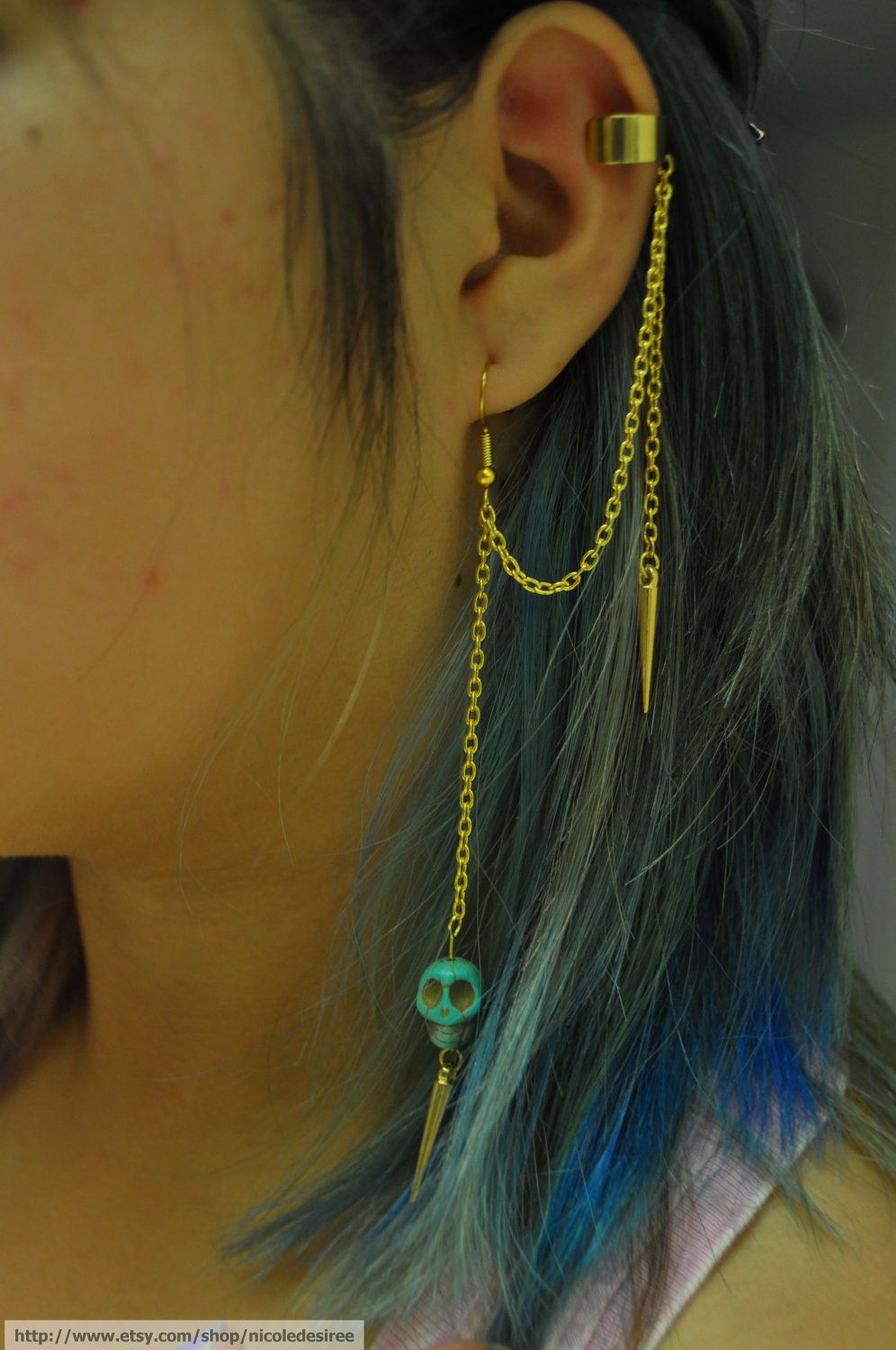 Turquoise Howlite Skull and Gold Spike Ear Cuff Earring