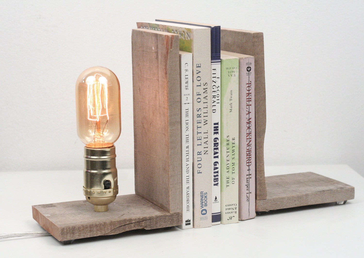 Bookends- Salvaged Wood Bookends, Rustic Lamp, Shelf Lighting, Exposed Edison Bulb