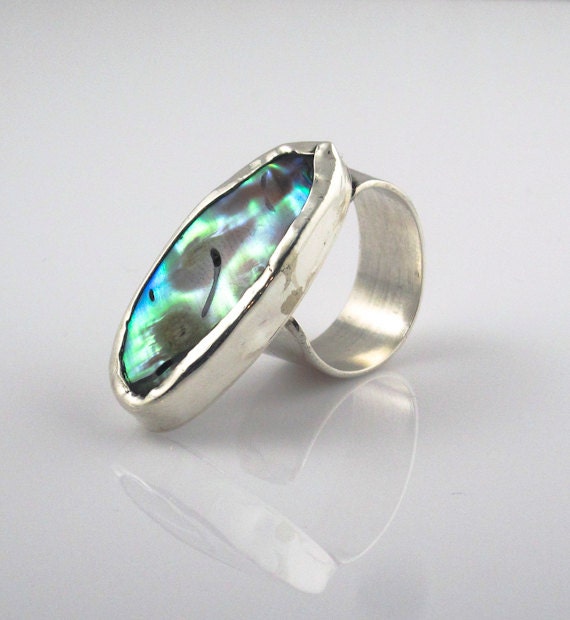 Abalone  Shell Ring -  Modern Minimalist -  Sterling Silver  - Adjustable / Open Ring - Spring Sale