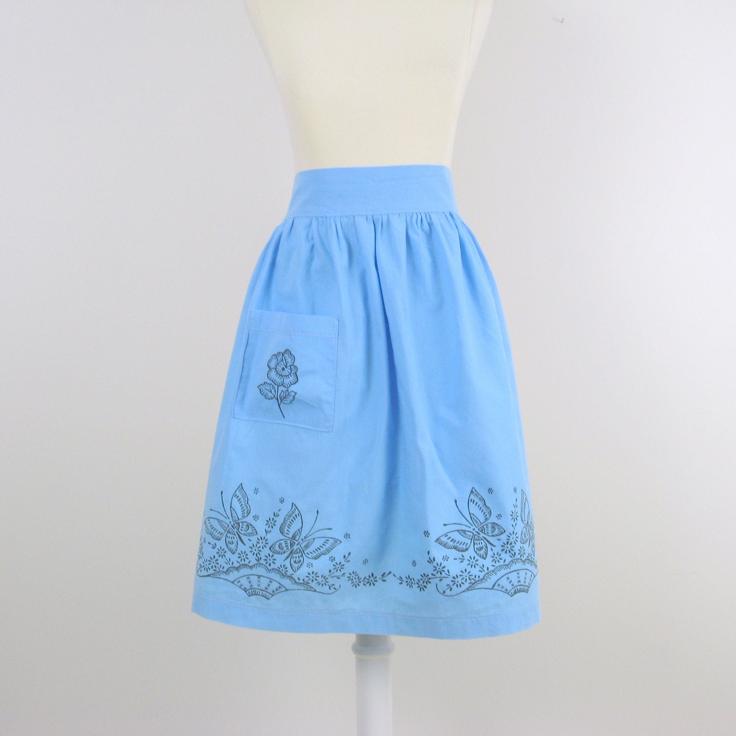 Vintage Blue Half Apron - 1970s Cotton with Butterfly Print