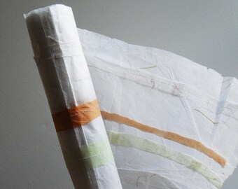 Sewn paper scraps made from mulberry paper. White, green, and tan. For unique gift wrap, collages, paper projects, bookbinging