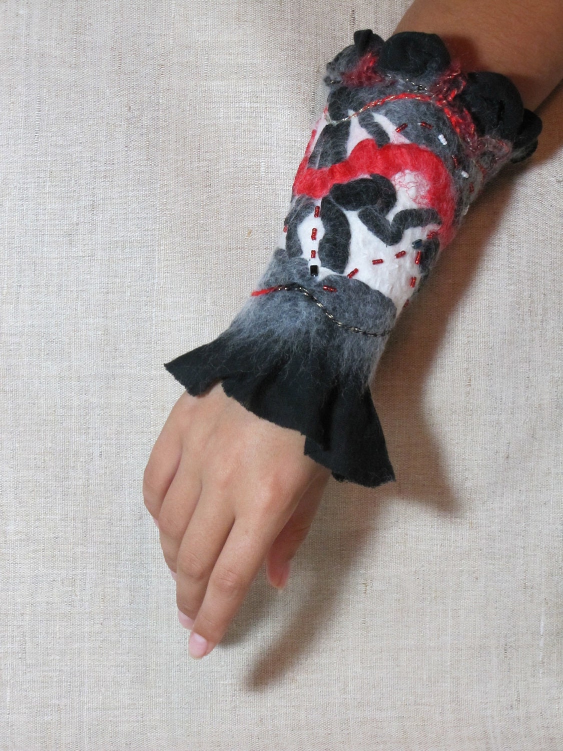 Red Black White Cuff Bracelet Felted Crochet Fashion Modern Accessory Felt Fiber Art Abstract Arm Warmer Gift
