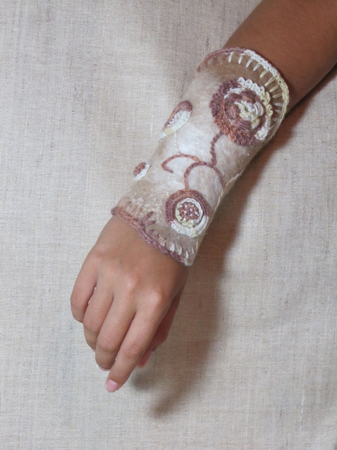 Felted Cuff Bracelet Crochet  Felt Fashion Modern Accessory Fiber Art Flower Sale by Olena Baca