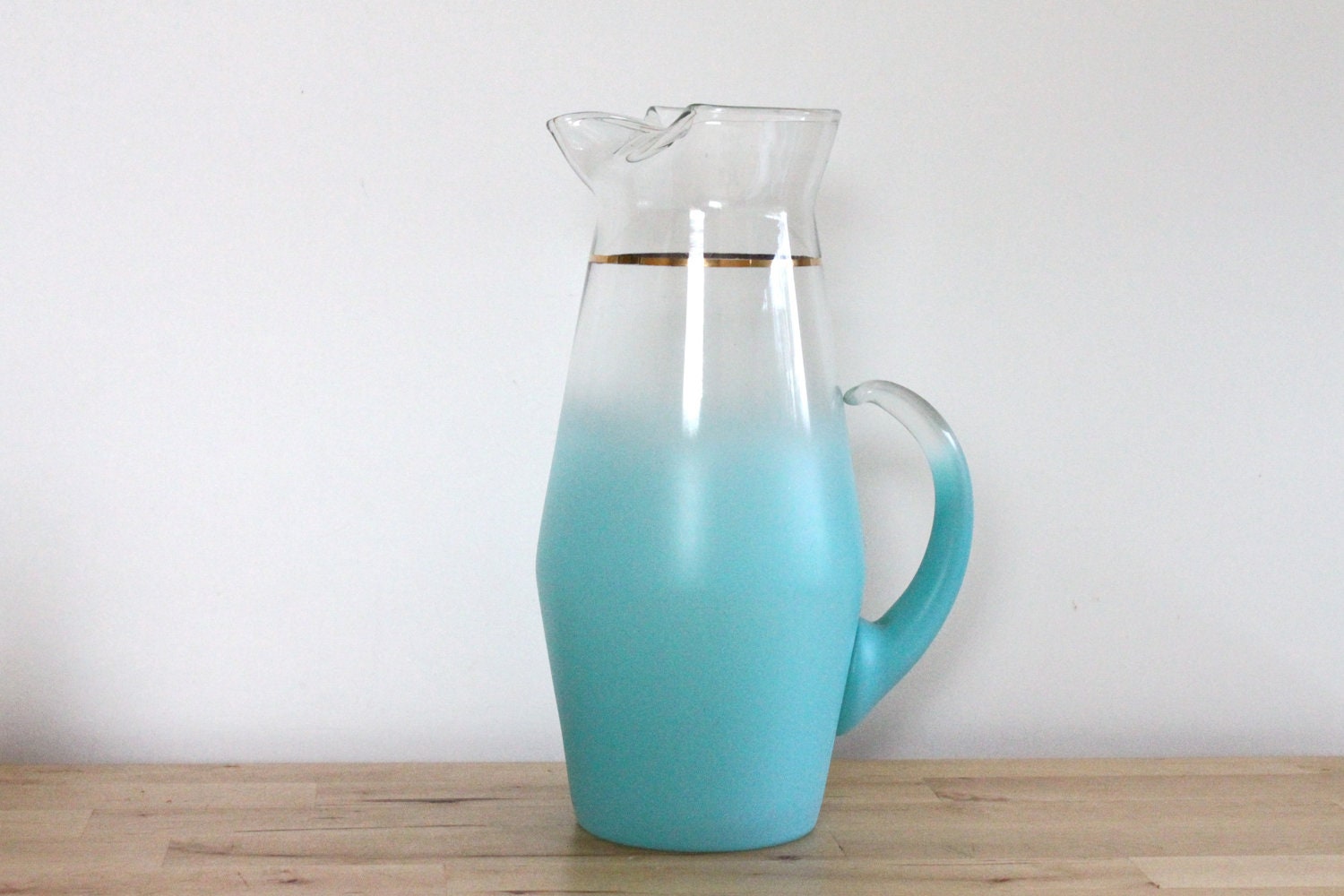 Turquoise Blendo Glass Pitcher - Mid Century Frosted West Virginia Glass Blendo Aqua Blue Juice Carafe