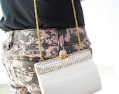 Vintage Sasha White and Gold Shoulder Bag / Clutch Purse With Rhinestones and Gold Chain Shoulder Strap