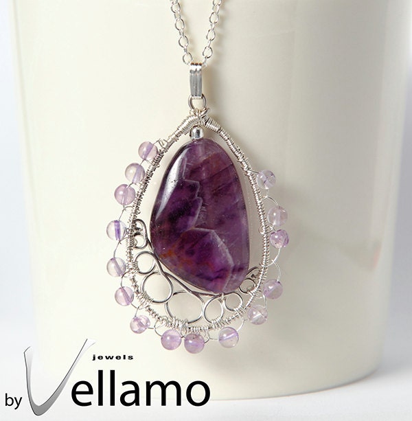 Asymmetrical amethyst, sterling silver wire wrapped pendant with amethyst gemstone