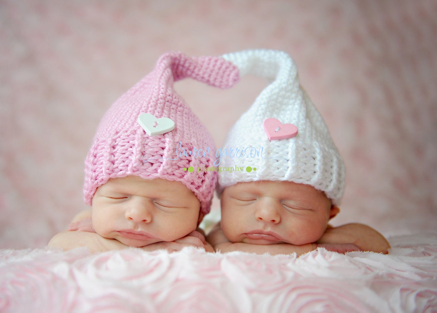 Newborn Twin Girl Elf Hats in White and Pink, Pixie  Hat, Gnome Hat, Photo Prop.