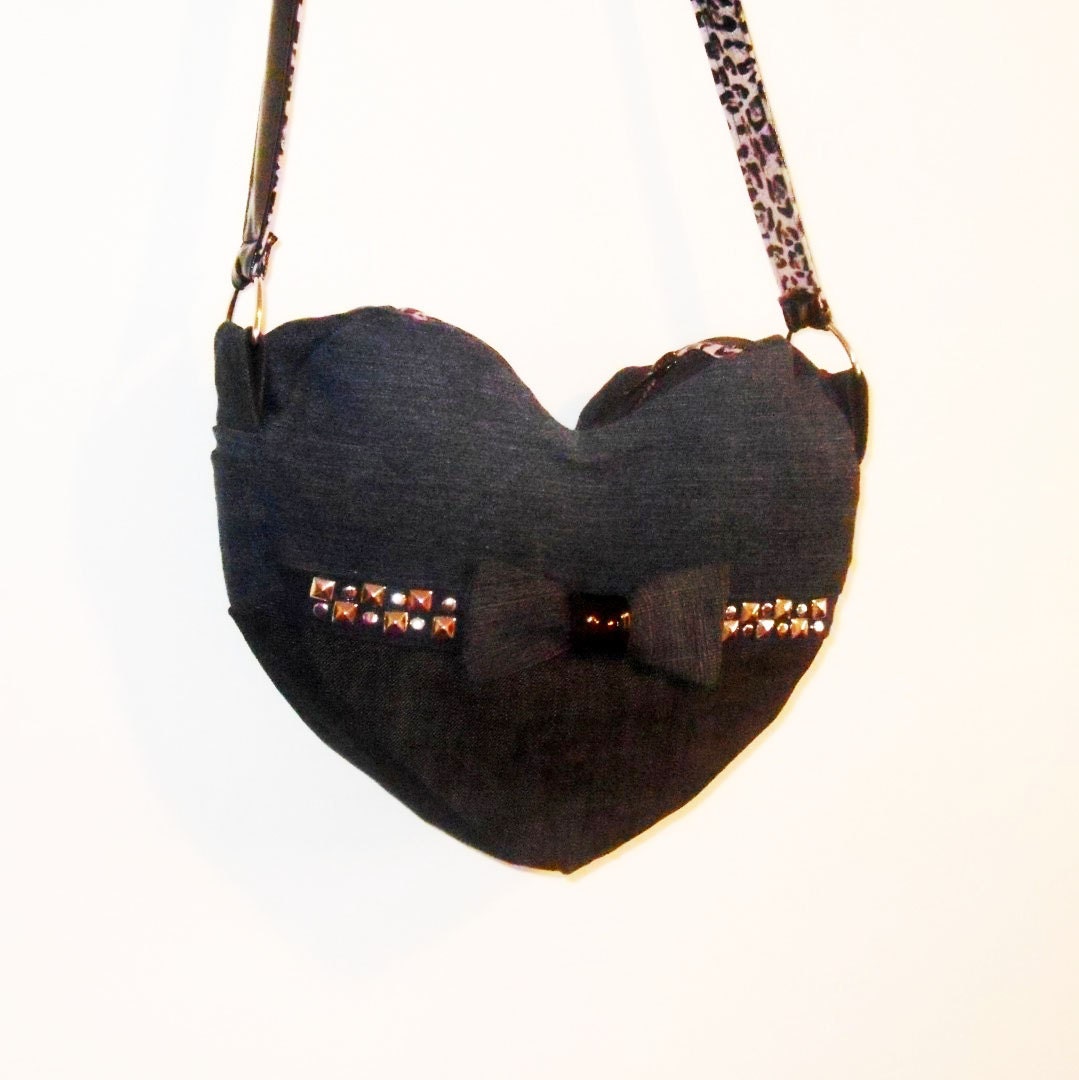 Upcycled Denim Heart Purse Ecofriendly Messenger Bag Studded with Bow and Leopard Print