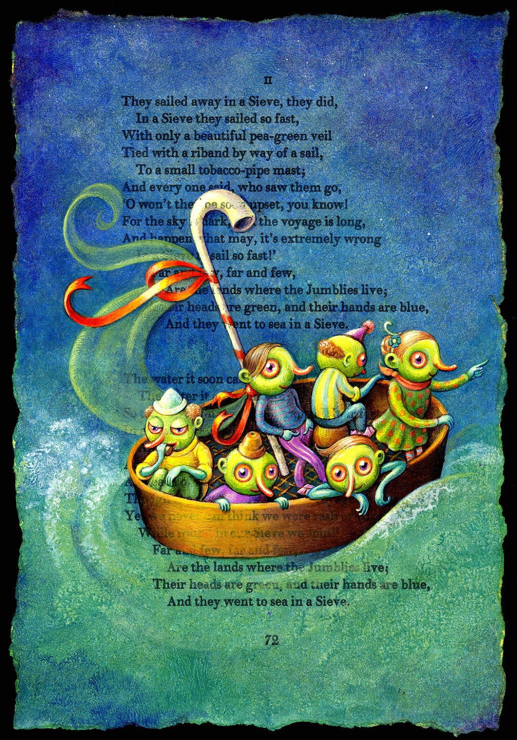 Jumblies- signed archival art print, Edward Lear, children, boat, sailing, green, blue, curious art