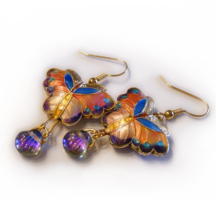 Cloisonne butterfly earrings, spring fashion, pink purple butterflies, cloisonne jewelry