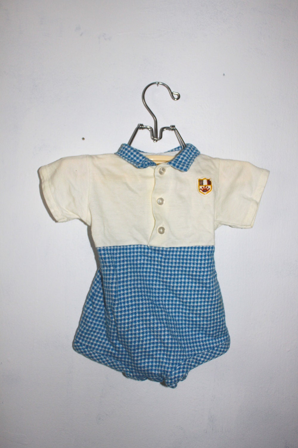 Vintage Baby Boys Blue Romper with Crest