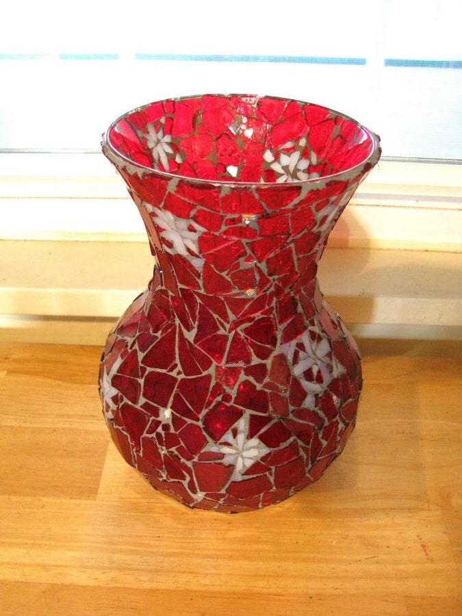 Mosaic Vase - Bright Red w flowers or snowbursts Larger size - Handmade w Stained Glass, Mirror - Cottage Shabby, Farmhouse or Christmas