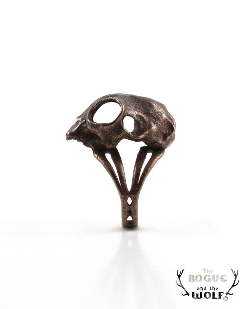 Cat Skull Ring, bronze skull ring, cool rock goth fashion ring, animal skull, for the rock boyfriend, for the edgy girlfriend