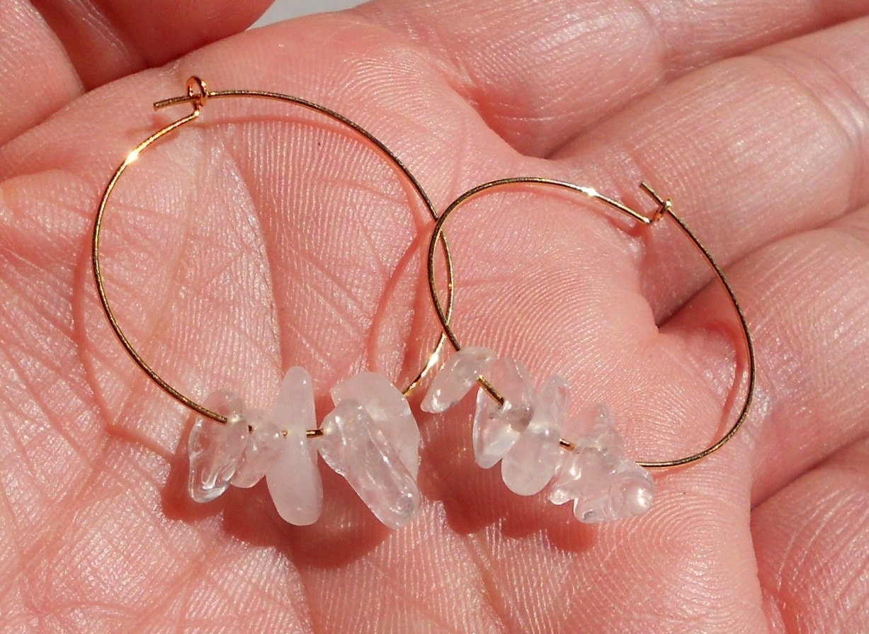 Rose Quartz Hoops Earring, Beaded Pink, Love Gemstone Earrings, Minimal Jewelry