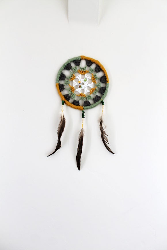 Unique Dream Catcher Mustard Sage Green-Unique- Crochet Dreamcatcher- OOAK Wall Hanging