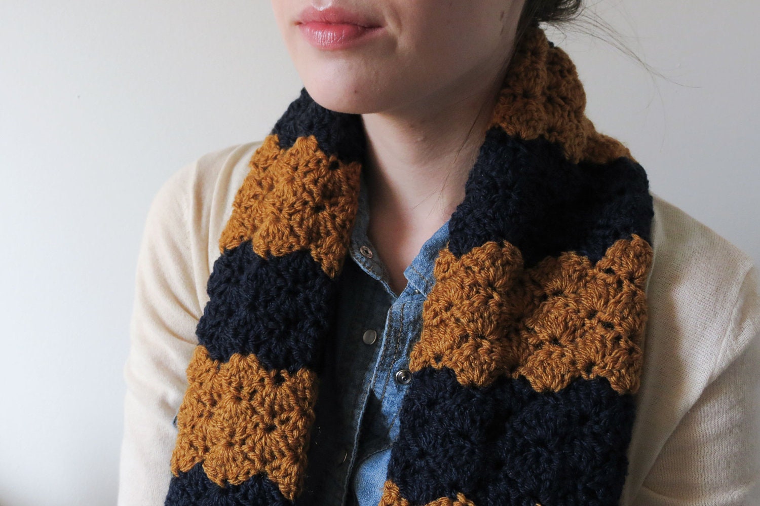Crochet Scarf, Crochet Striped, Scarf, Chunky Scarf, Crochet Scallop Scarf in Navy and Honey Brown / The Merriweather Scarf