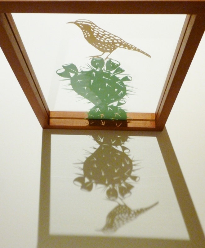 Original Artwork - Framed Papercut - Wren and Cactus