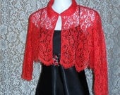 Red Lace Bed Jacket Scalloped Fringed Edges Single Button Front Vintage 1950s