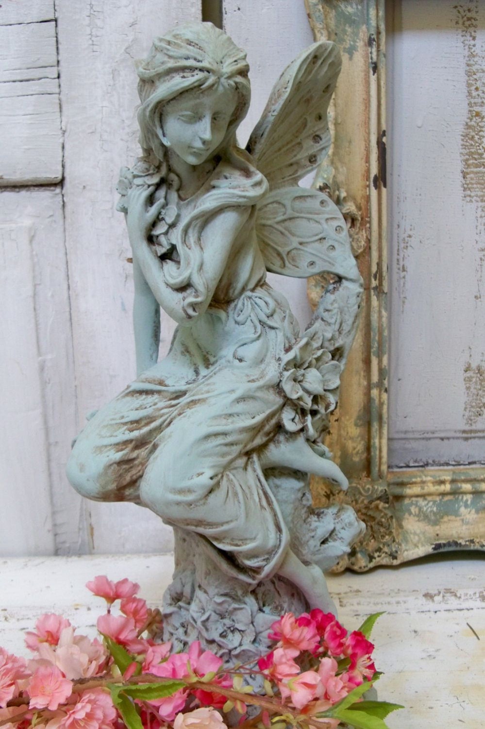 Hand painted large fairy statue seafoam distressed shabby chic cottage home decor Anita Spero
