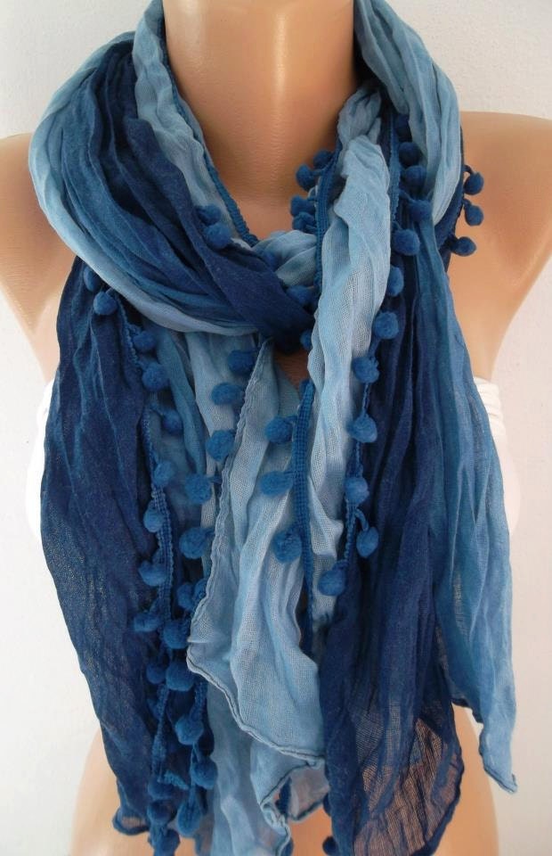 Elegant scarf Cotton scarf blue scarf Batik scarf pompom