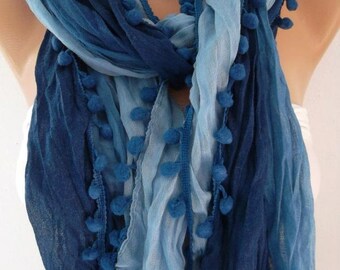 Elegant scarf Cotton scarf blue scarf Batik scarf pompom