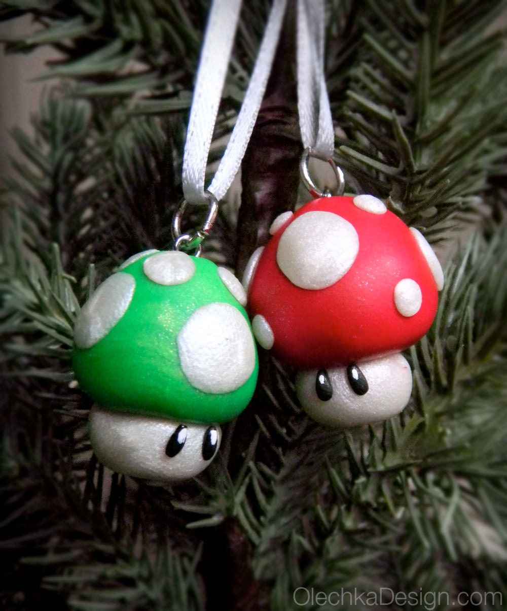Mario Bros Mushroom Christmas Ornament, Nintendo Geek, Polymer Clay, available with charm strap