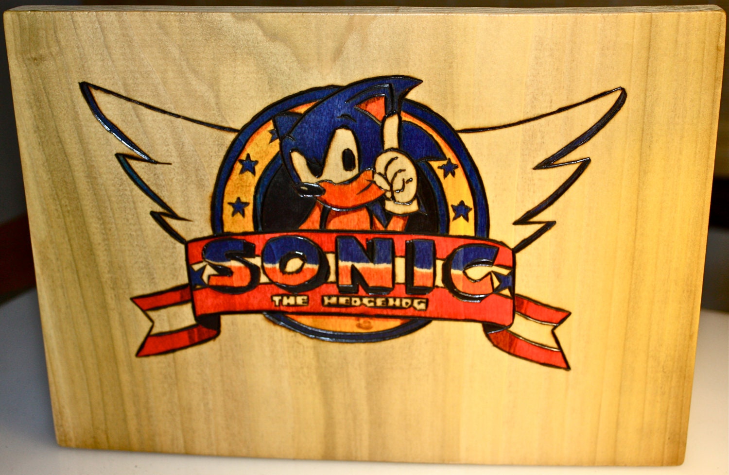 Sonic The Hedgehog Genesis Title Screen Plaque Wood Burned and Colored