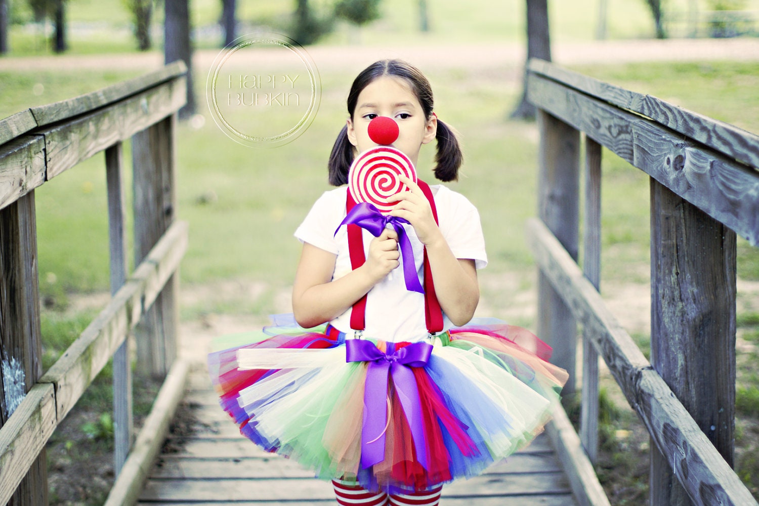 RAINBOW CLOWN COSTUME--Custom Made Hand-Tied Ribbon Tutu Skirt with Red Nose and Lollipop Prop, sizes  Newborn-5T