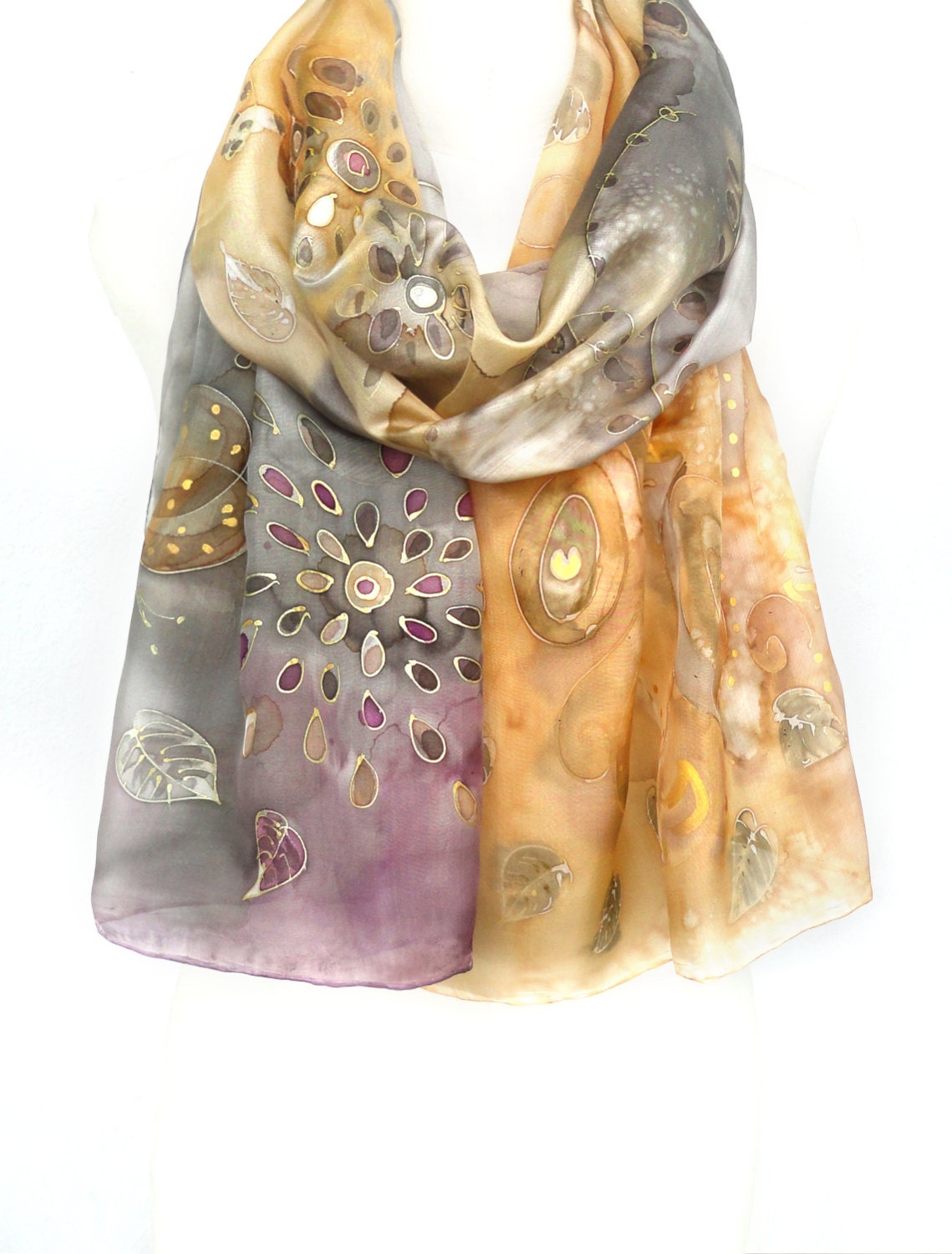 Gold Silver Scarf. Hand Painted Silk Shawl. Echarpe Foulard. Whimsical Shawl for Dress. Gift for Her. 18x71 in. (45x180 cm). Ready2Ship.