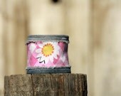 Daisies and Pink Gingham Denim Wrist Cuff - Upcycle - Free Shipping
