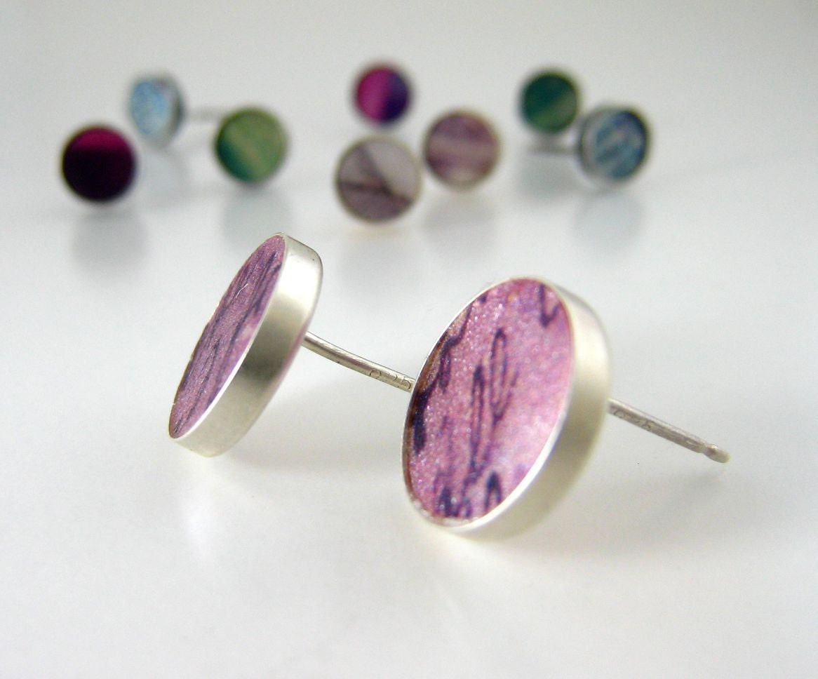Silver post earrings with handwriting, unique handmade silver jewelry, polymer clay and silver, Polymer clay jewelry
