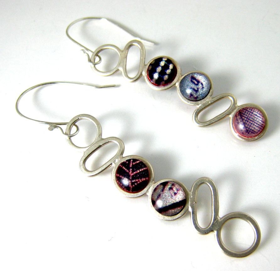 Long silver dangle earrings with black and white photos, Unique handmade silver jewelry, Art silver jewelry, Silver jewelry