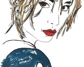 Woman in a Blue Dress 11x14" Watercolor Painting on Handmade Paper
