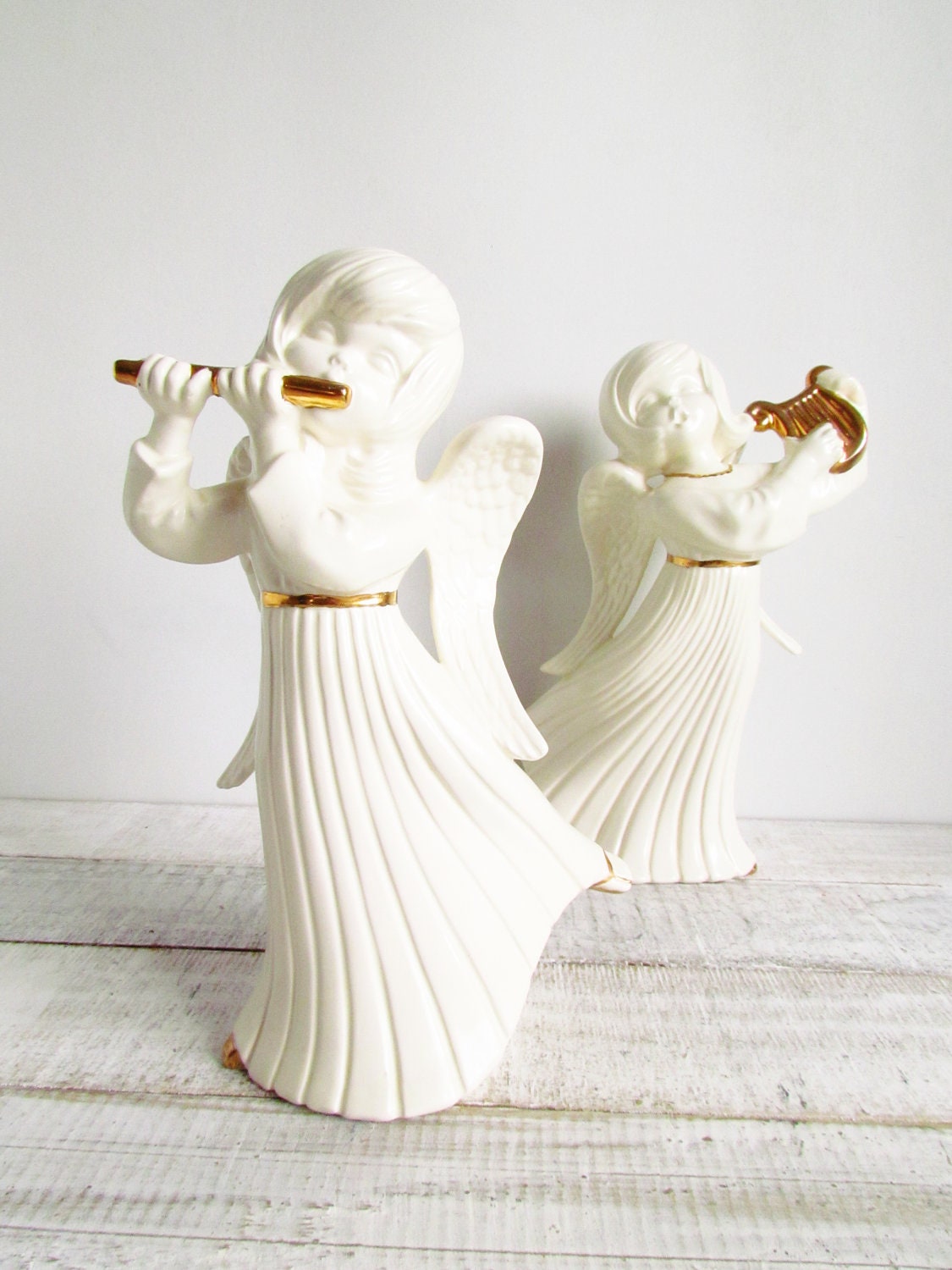 Vintage White Porcelain Musical Angels with Gold Leaf
