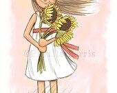 Children's Wall Art Giclée Print 13 x 19" Giclée print - Sunflower Girl - Girl's room decor- customizable hair color on little girl