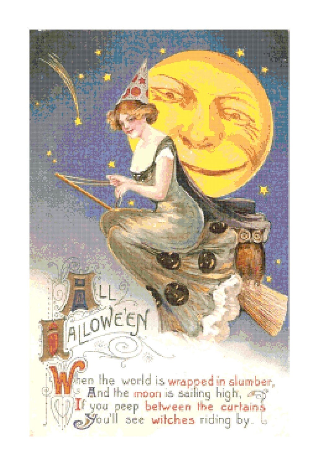 Retro Vintage Halloween Cross-Stitch Pattern of Witch on Broom