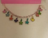 Little Girl's Charm Bracelet Colorful Hearts, Stars, and flower charms pink yellow green orange blue handcrafted great birthday gift