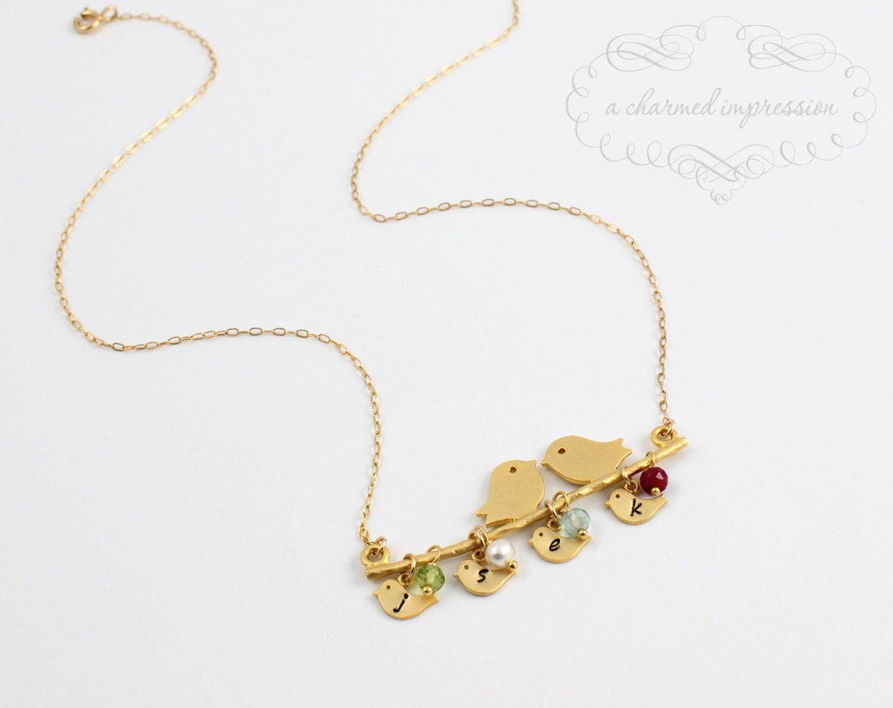 Mother's Necklace . Birthstone Jewelry . Personalized Initial Necklace . 4 Baby Bird Family Tree . Gold Bird on Branch . OUR LITTLE FAMILY