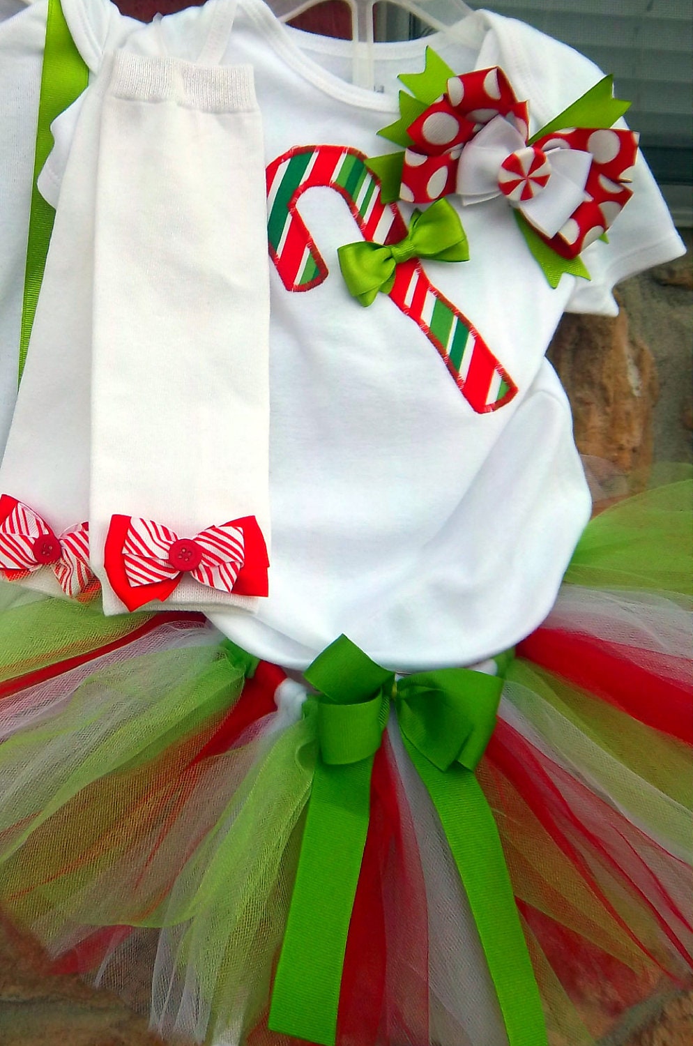 Candy Cane Shirt, Bow, and Tutu, Red, White, Green, Custom, Infant, Toddler, Little Girl