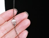 20'' Long gunmetal heart eyes skull sideways necklace,  off center skull necklace, asymmetrical necklace,  Holiday sale, fast shipping