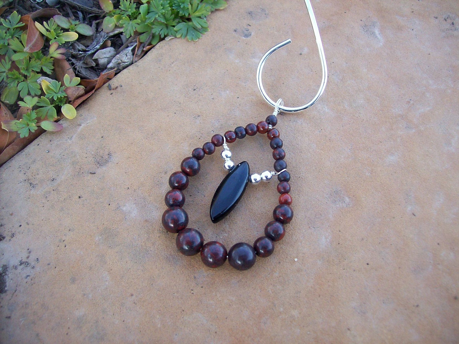 Nature Inspired Burgundy Ruby Brecciated Jasper & Black Onyx Pendant on Silver Plated Open Neckring Choker Necklace OOAK Gift Jewelry Women