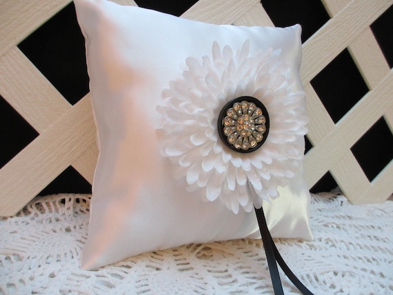 Classic Black & White Satin Wedding Ring Pillow  with Rhinestone Flower Handmade One of a Kind Ready to Ship