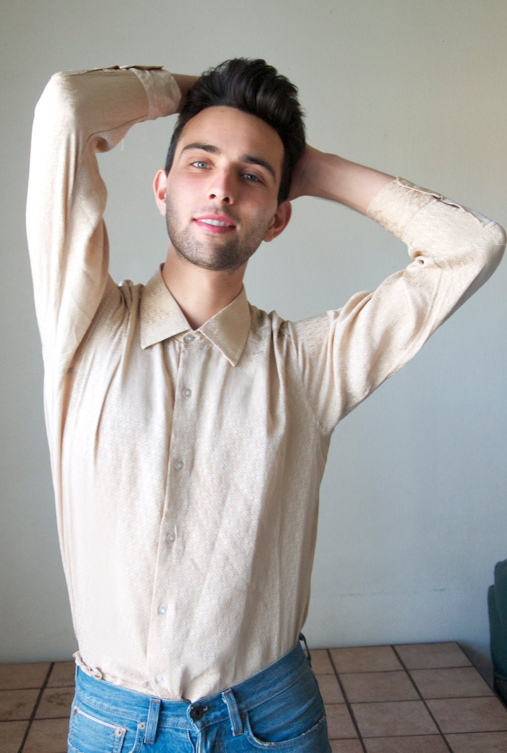 Mens Vintage Shirt Longsleeve Buttondown ee design Beige Medium