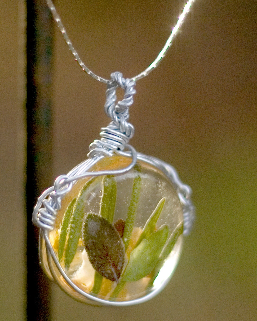 Herb Leaves and Stones Resin Pendant - Silver wire wrapped natural elements pendant for necklace