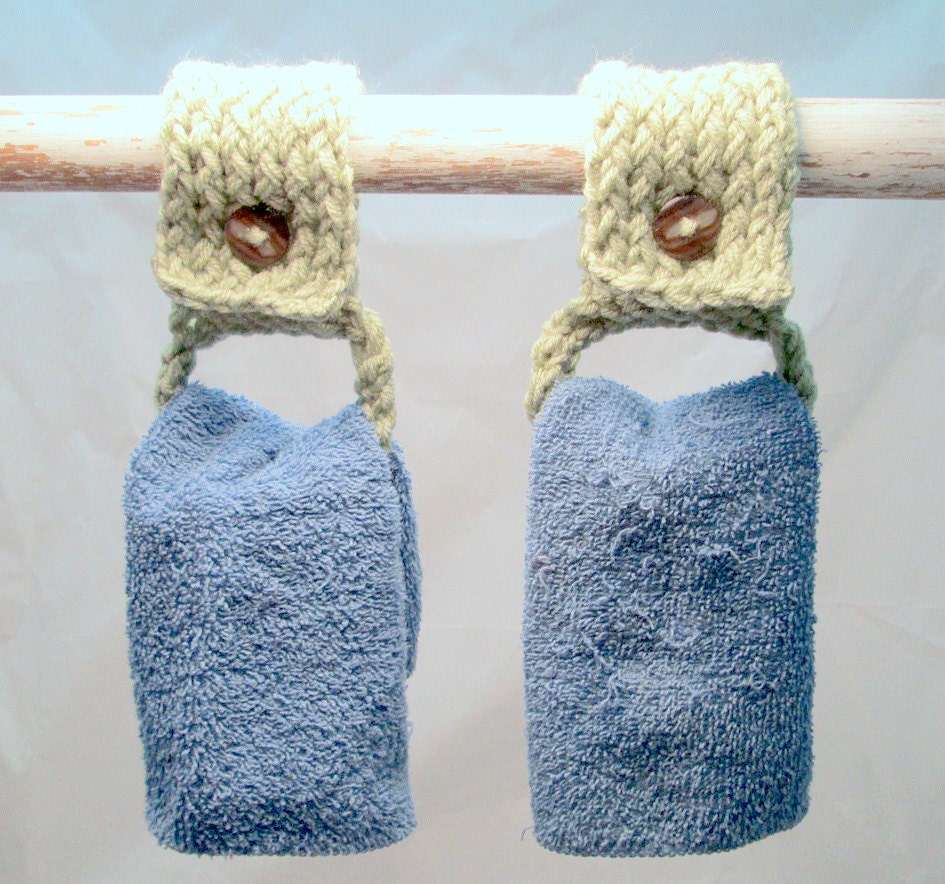 Two Handmade Sage Kitchen Bath Dish Towel Holders Knit Set of 2