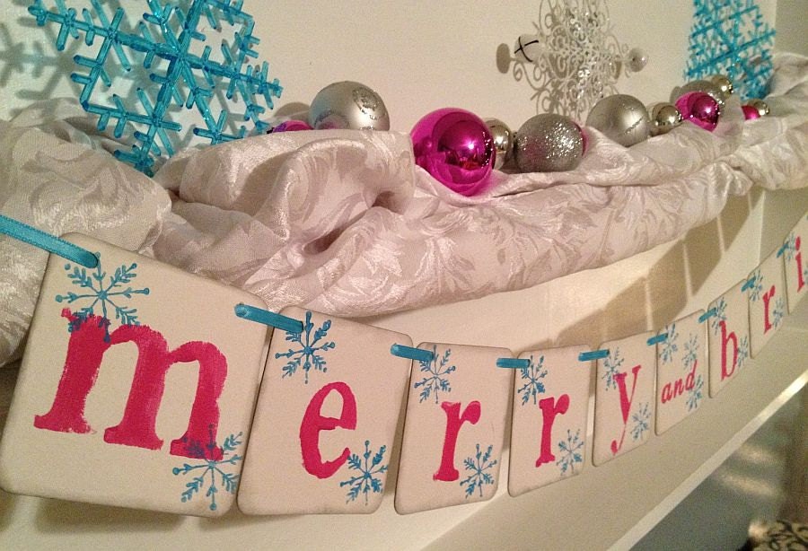 Christmas banner, Merry and Bright banner,  Holiday decoration, garland, sign, photo prop