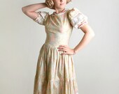 Vintage Prairie Dress - Floral Print in Buttercup Cream and Salmon Pink - Small to Medium