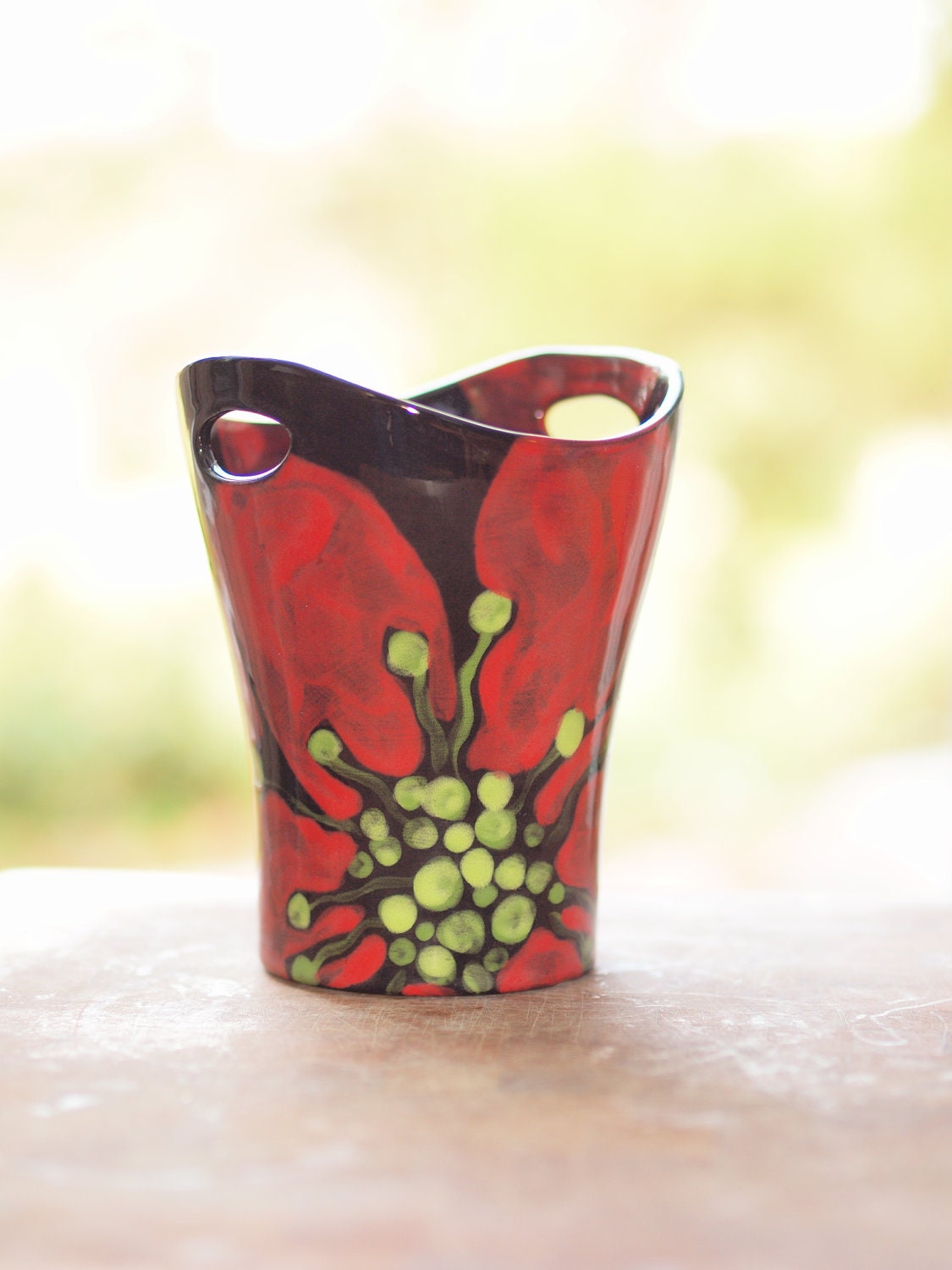 Flower Vase / Utensil Holder - Red Poppy Handle Vase - Bold Vibrant Graphic Floral Ceramic Pottery Modern Home Decor Valentine Gifts